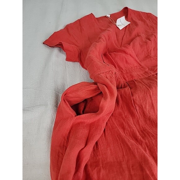 Grae Cove Linen Dress M Orange Wrap Tie Pockets V Neck Praire Cottagecore NEW - Picture 7 of 13